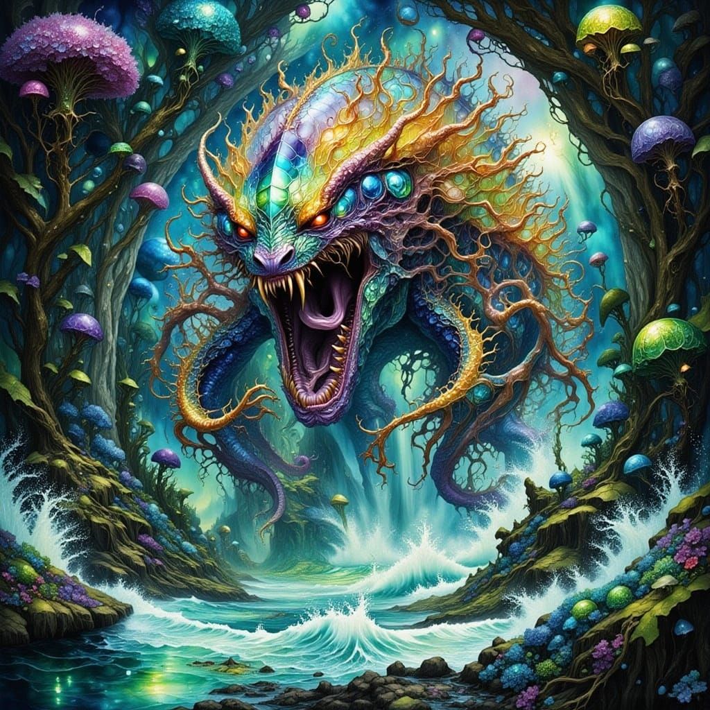 Monster on Cliff Above Wavy River with Flying Jellyfish