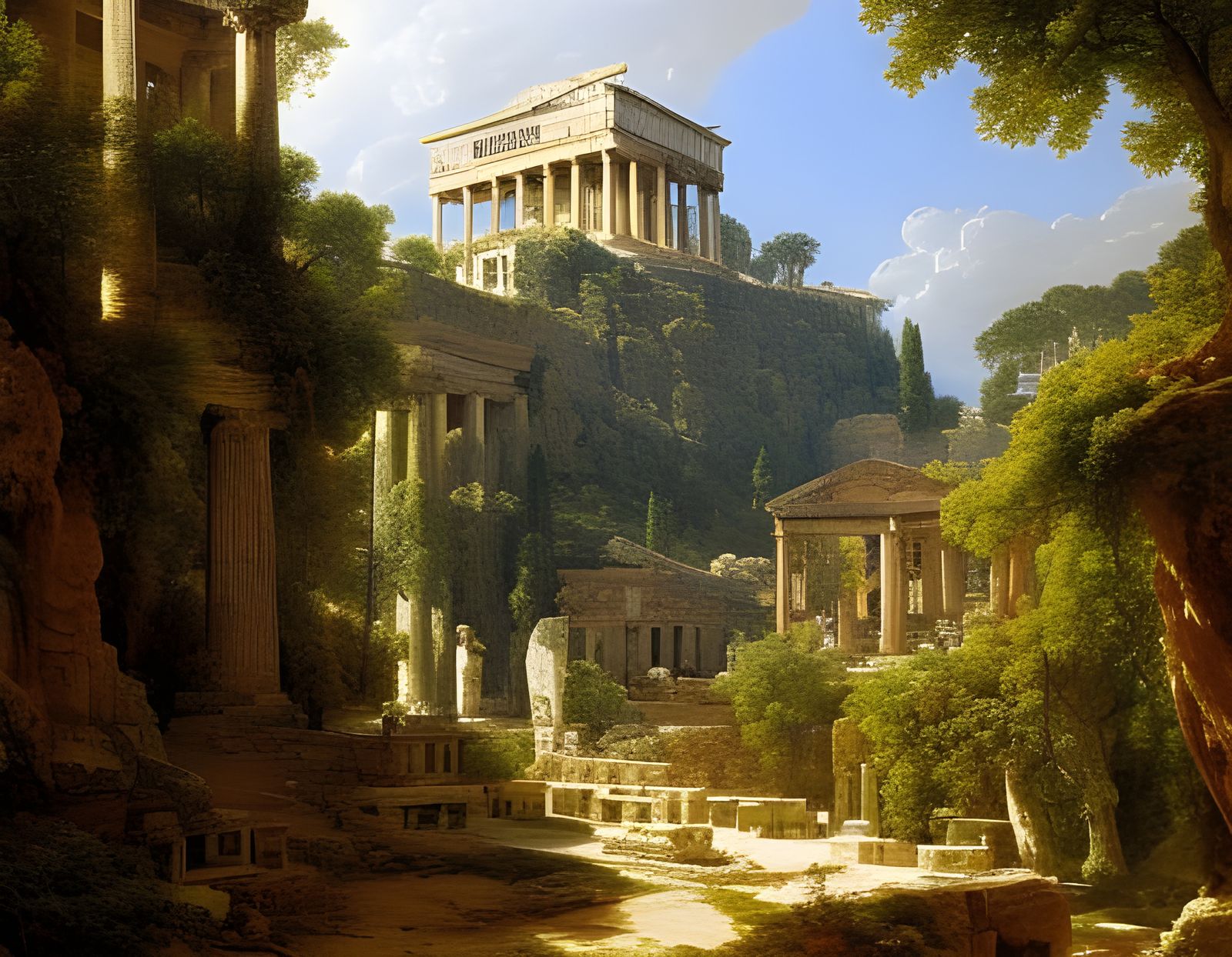 Detailed Painting of Ancient Athens in Triadic Colors