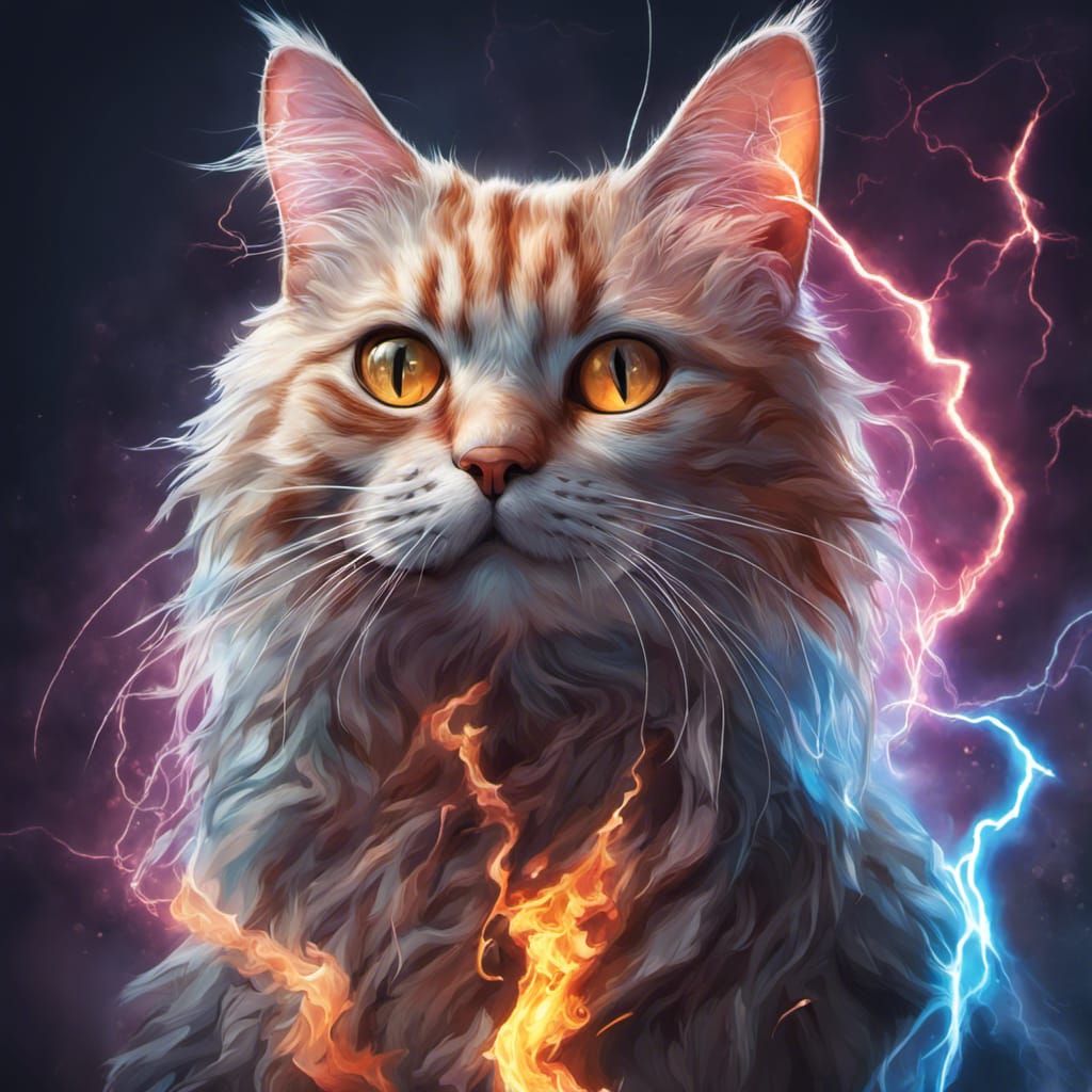 Mystical Magician Cat with Lightning in Splash Art