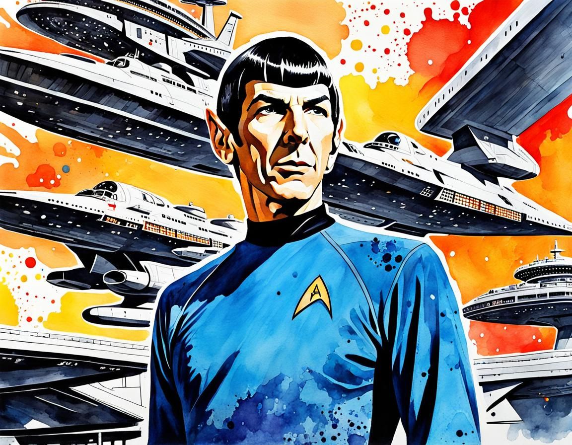 Spock Watercolor Portrait on the Starship Enterprise Bridge
