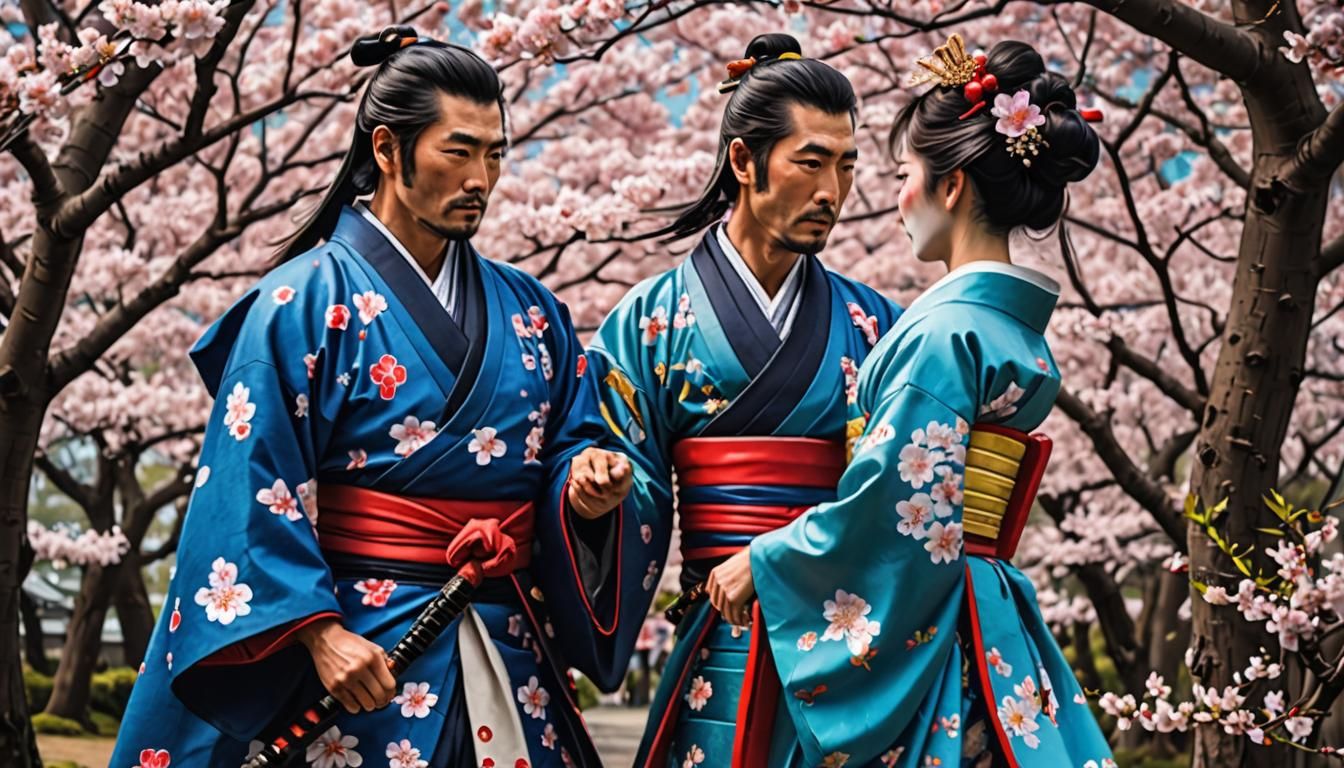 Samurai and Geisha in Cherry Blossom Ukiyo-e Scene