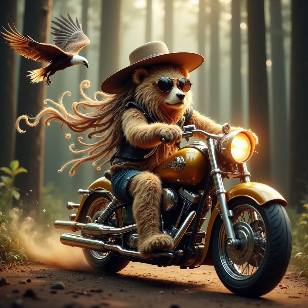 Steampunk Teddy Bear Biker in Redwood Forest