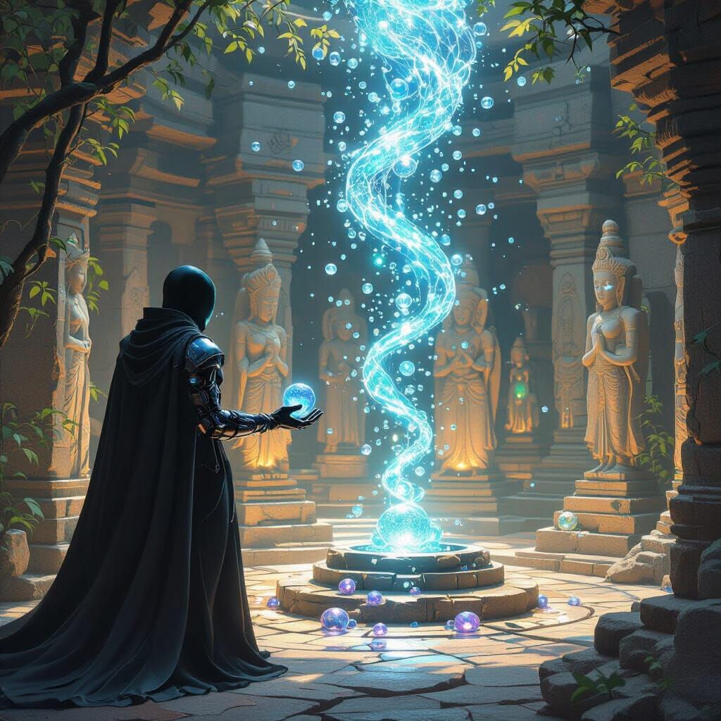 Mechanical Being with Black Cape Synthesizes Glowing Amethys...