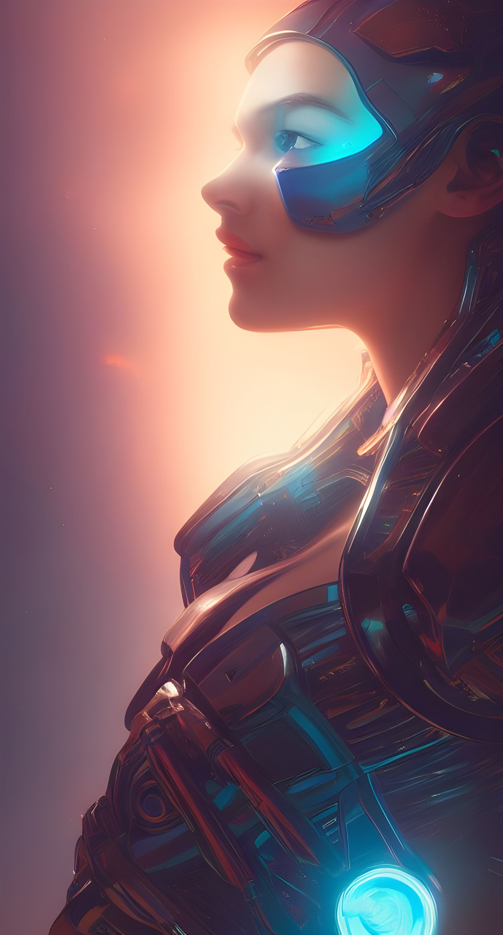 Iridescent Cyborg Girl Portrait in Retropunk Style