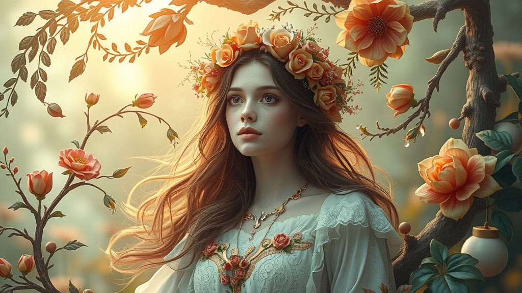 Mystical Woman in Dreamlike Nature, Surreal Illustration