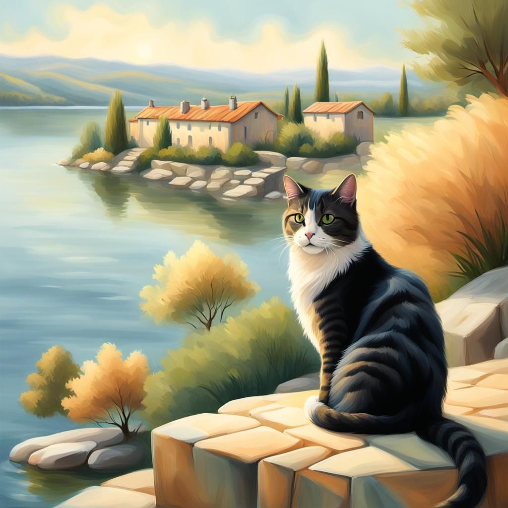 Cat Overlooking Lake in Impressionist Style