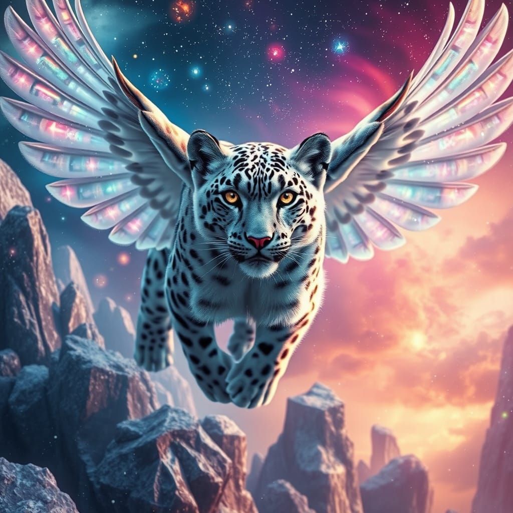 A snow leopard with symmetrical wings