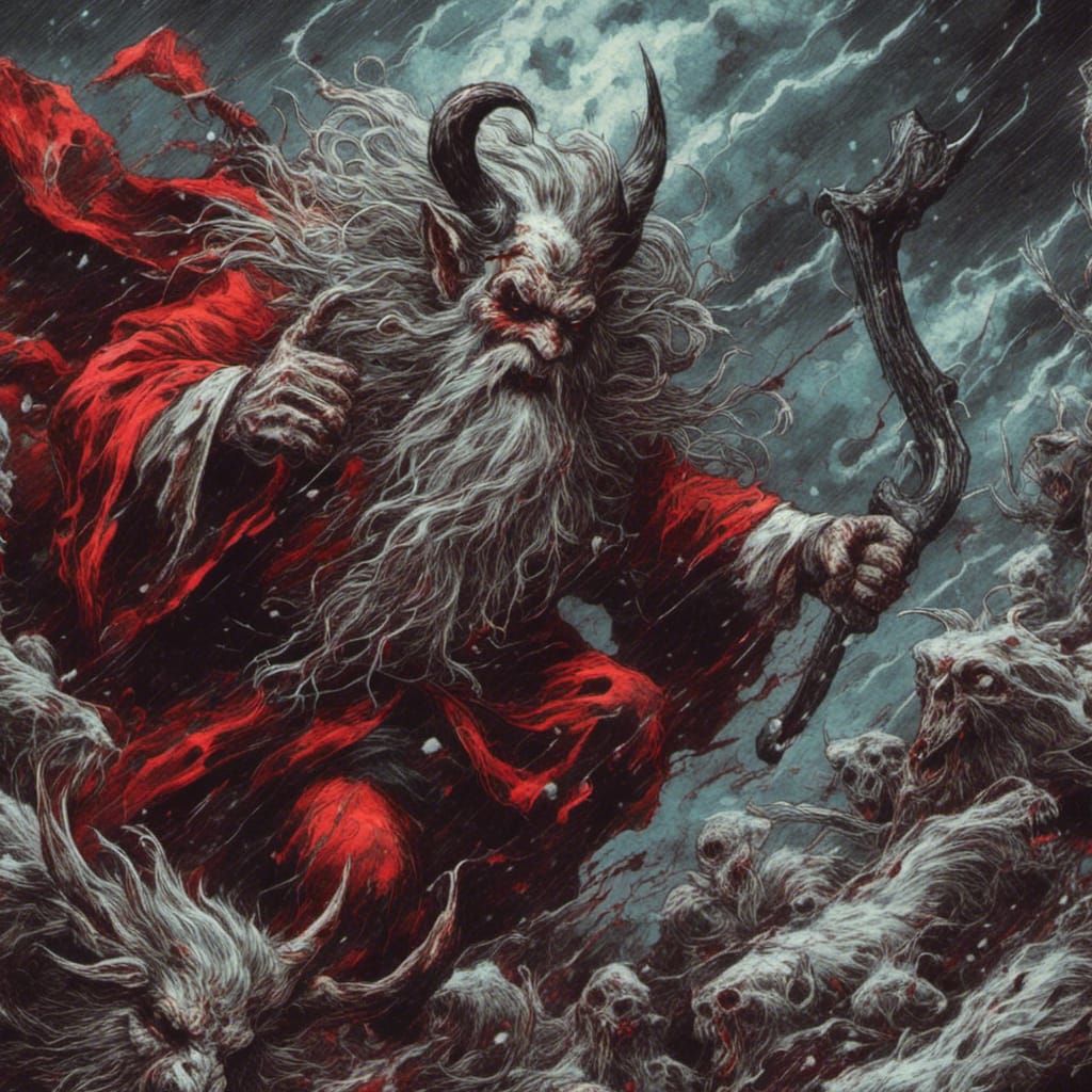 Santa Claus vs Krampus: A Gothic Horror Ink Drawing