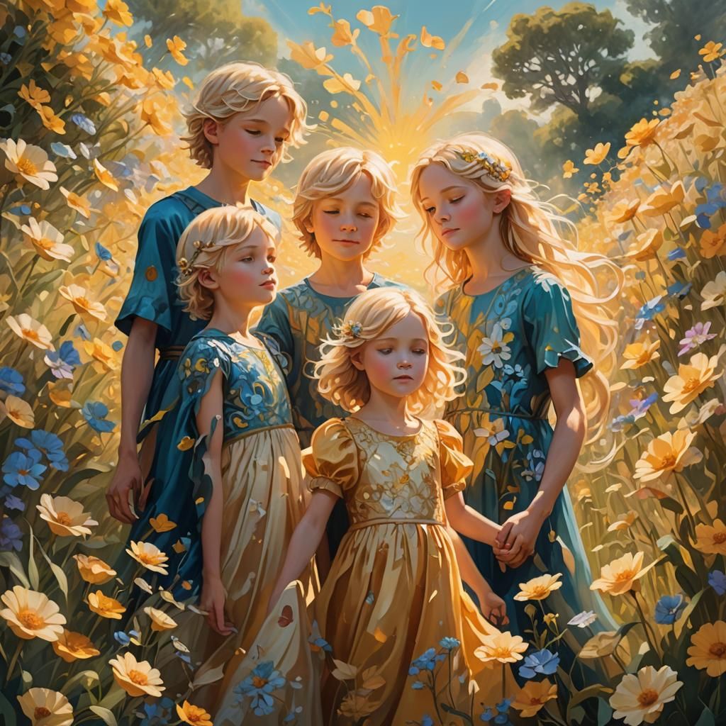Blond Siblings in Flower Field Fantasy Art