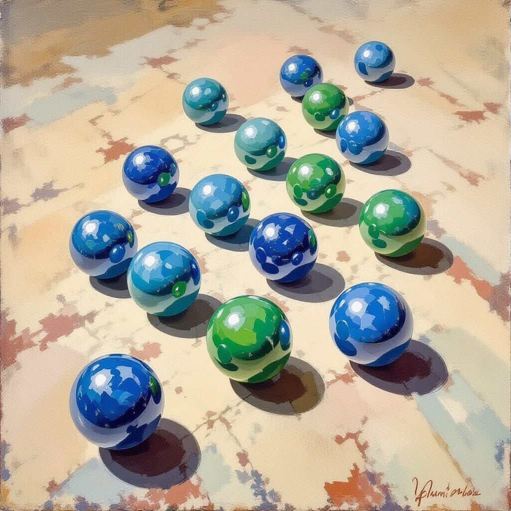 Marbles on Dusty Floor in Gouache Style