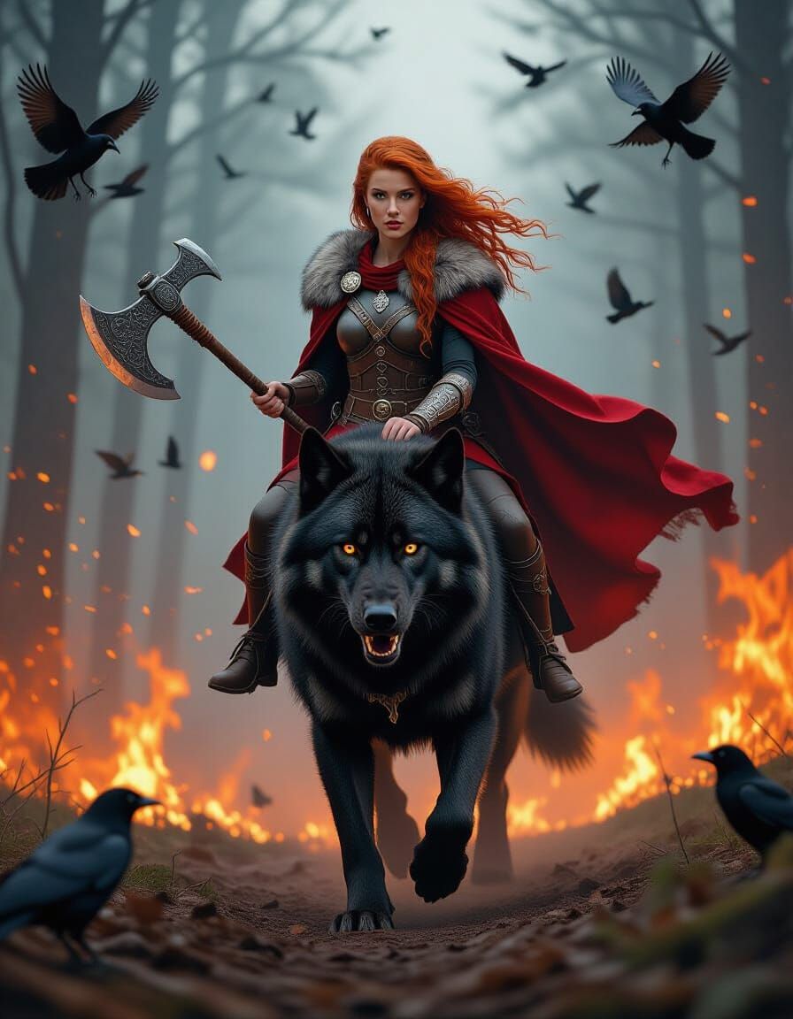 Viking Redhead Rides Giant Wolf Through Burning Forest