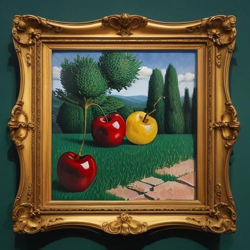 Surreal Impasto Cherries in Magritte Style