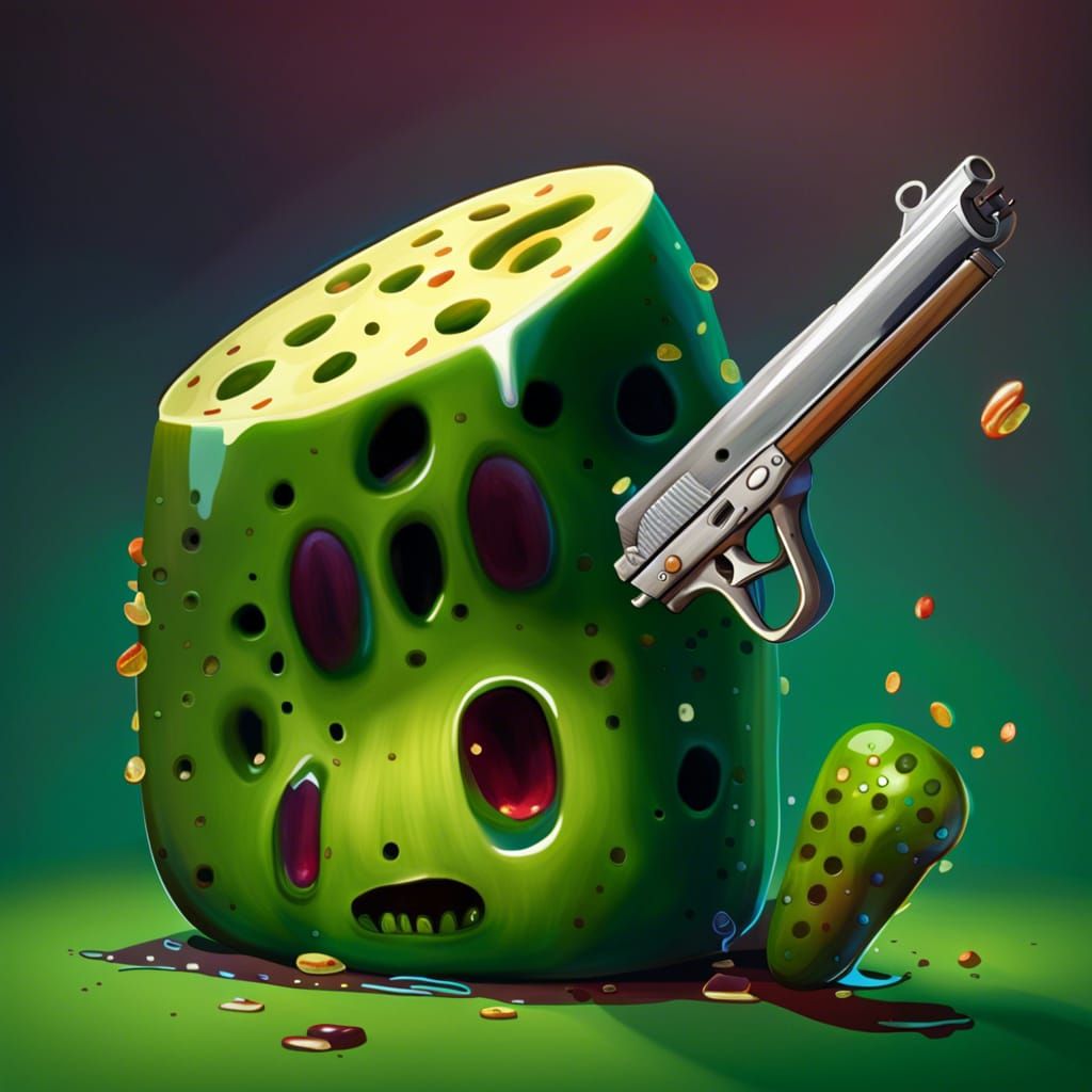 Sentient Swiss Cheese Threatens Sad Pickle