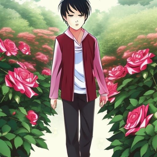 Anime Style Boy Walking Past Roses