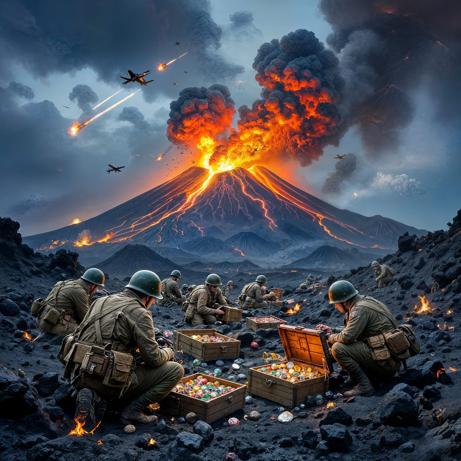 WW2 Soldiers Amidst Erupting Mount Etna's Fury