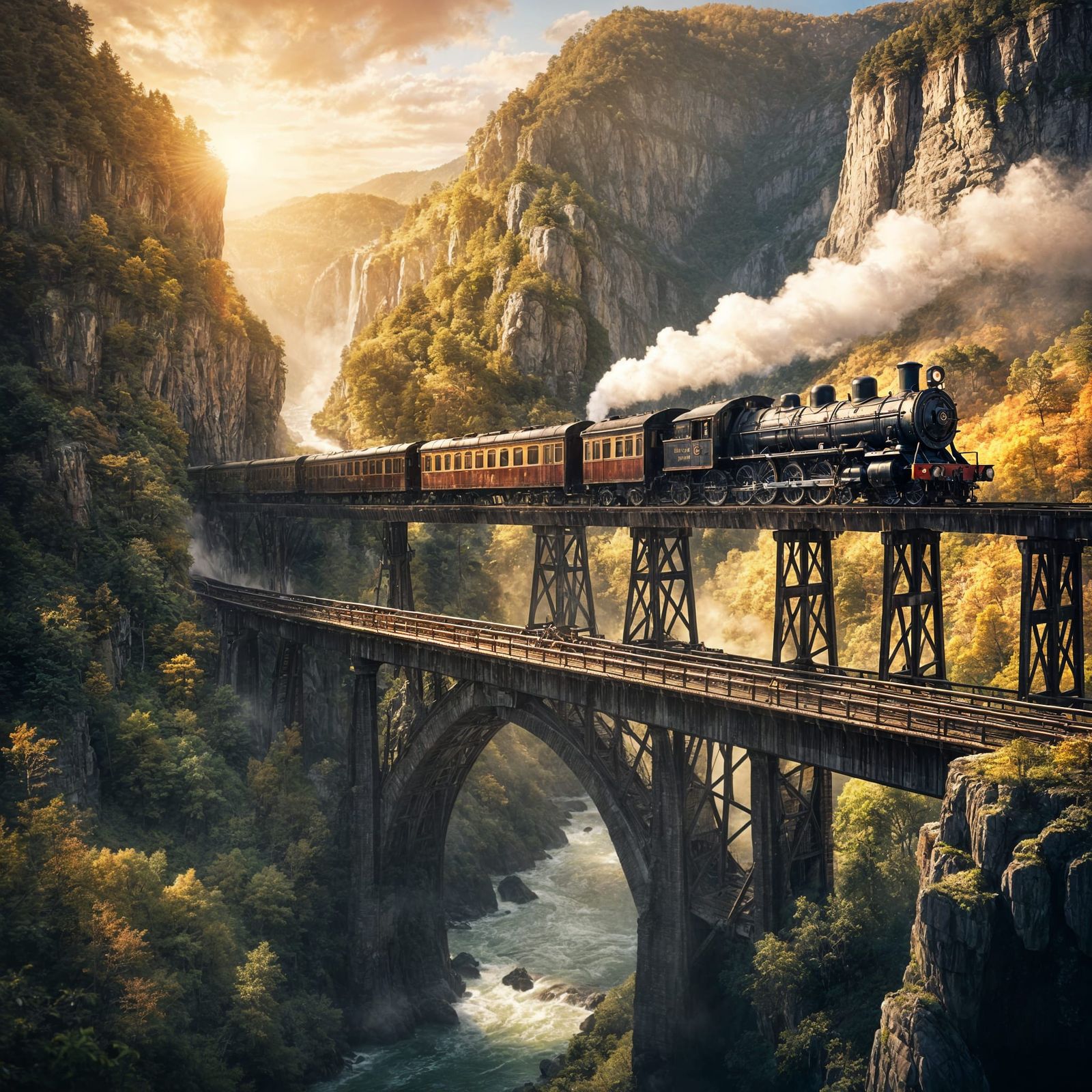 Majestic Mountain Valley at Dawn with Steam Train and Aircra...