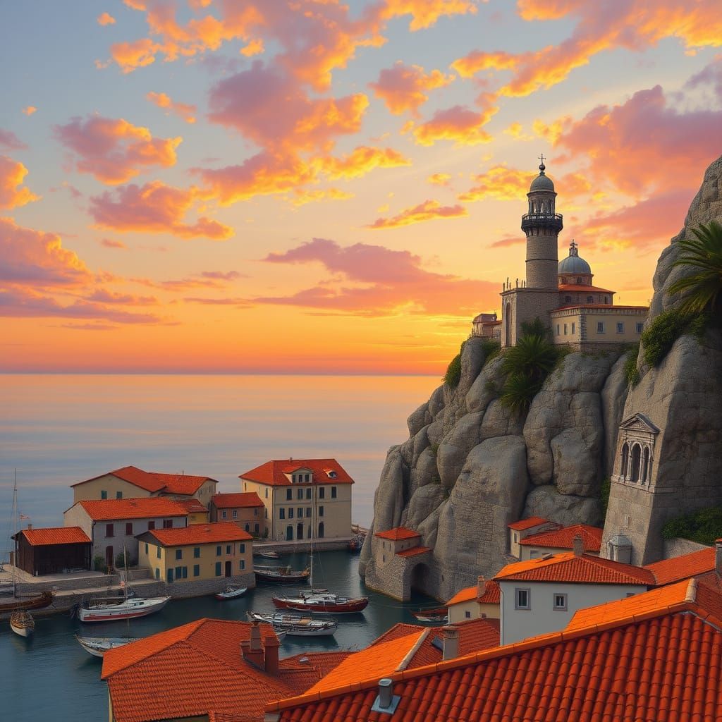 Italian Fishing Village Sunset in Romanticism Style