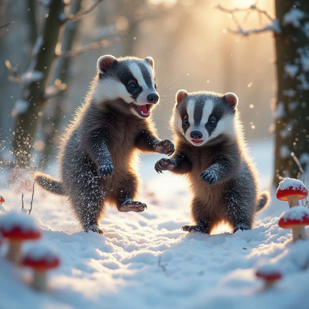 Fluffy Baby Badgers Play in Snowy Forest Wonderland