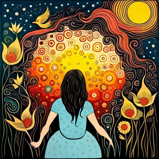 Enchanting Girl with Dogs in Magic Realism Style