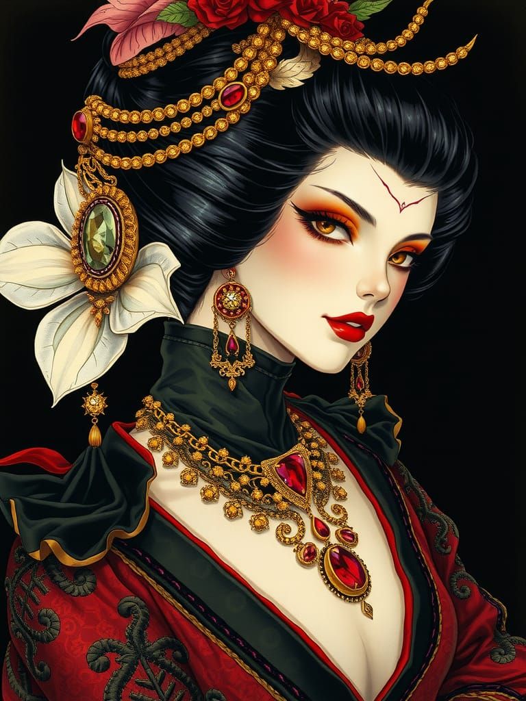 Vampire Fashionista in Dark Fantasy Geisha Style