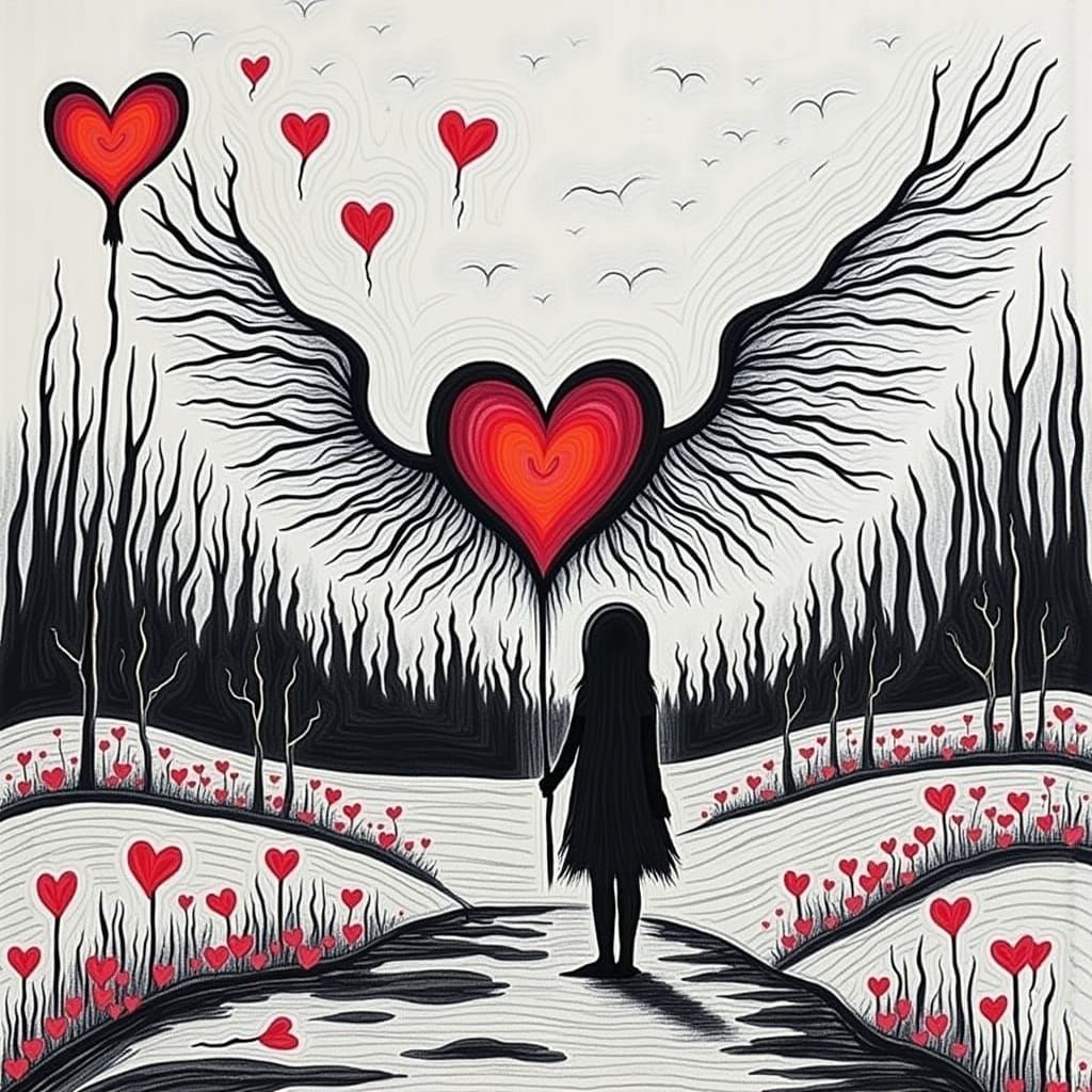 Surreal Gothic Valentine in Whimsical Crayon Style