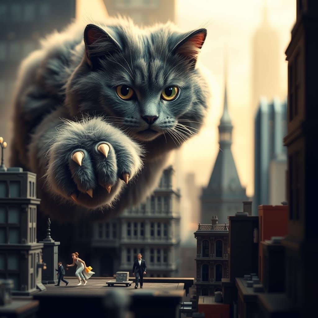 Giant Cat Attacks City: Cinematic Sci-Fi Art