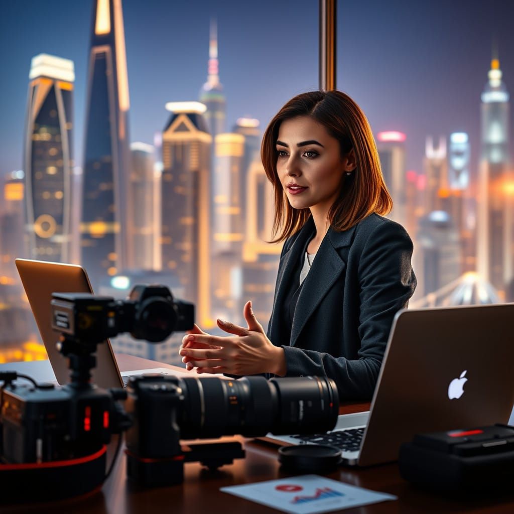 Futuristic Professional Woman Captures AI's Power with DSLR...