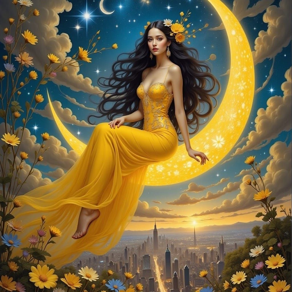 Woman on Moon Over Cityscape, Dreamy Digital Art