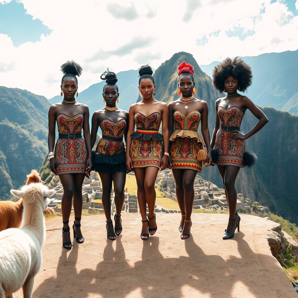Elegant Black Women in Modern Inca Attire Pose at Machu Picc...