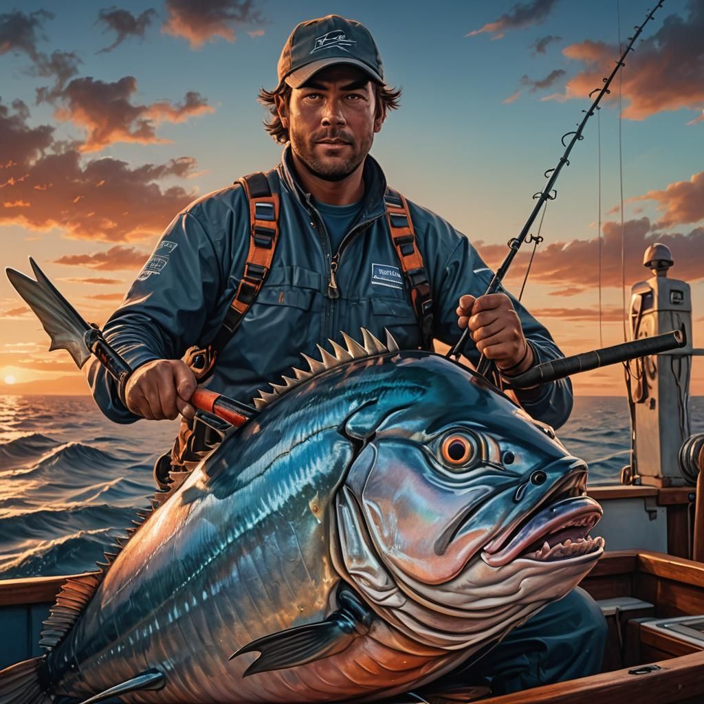 Fisherman Holding Giant Tuna at Sunset as Matte Painting