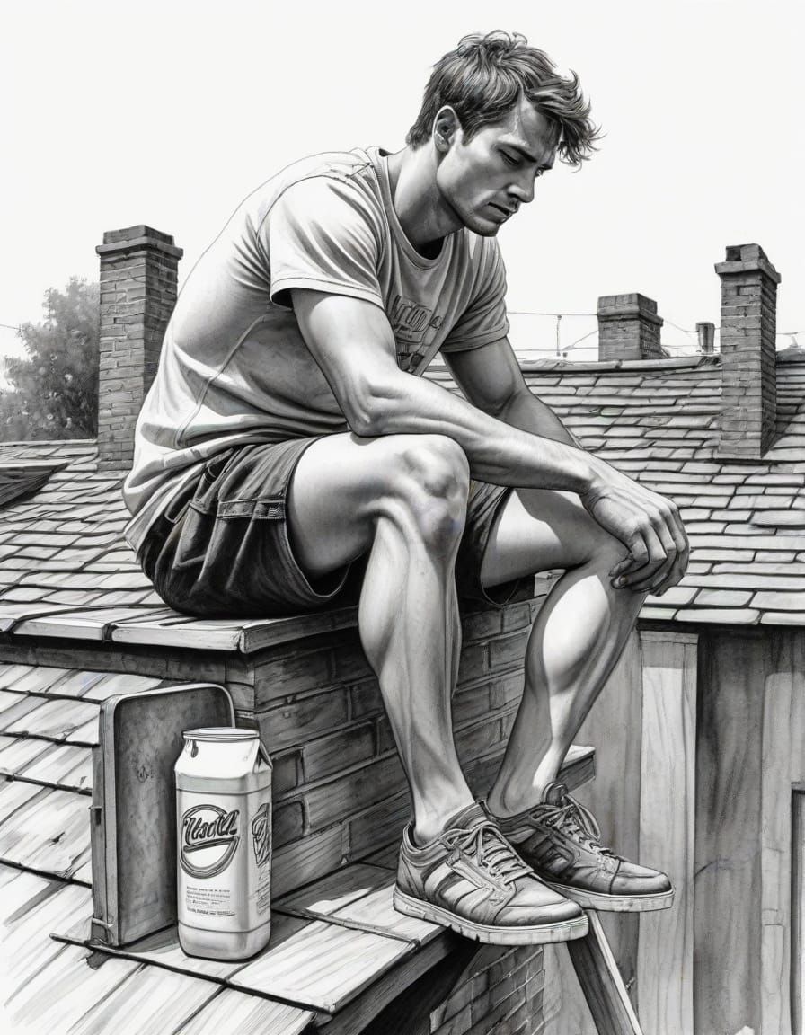 Man on Rooftop Edge in Ink Drawing
