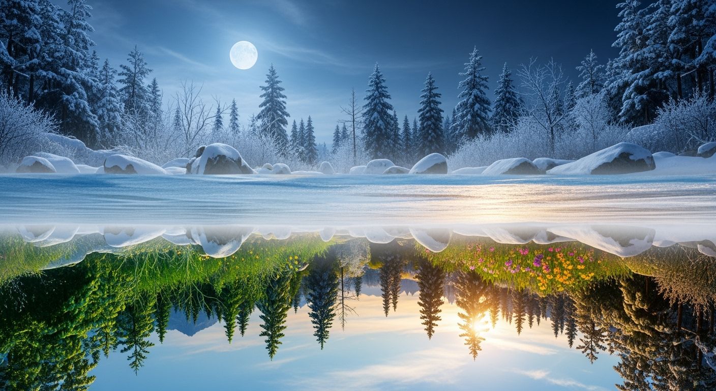 Surreal Winter Twilight Landscape with Frozen Lake and Summe...