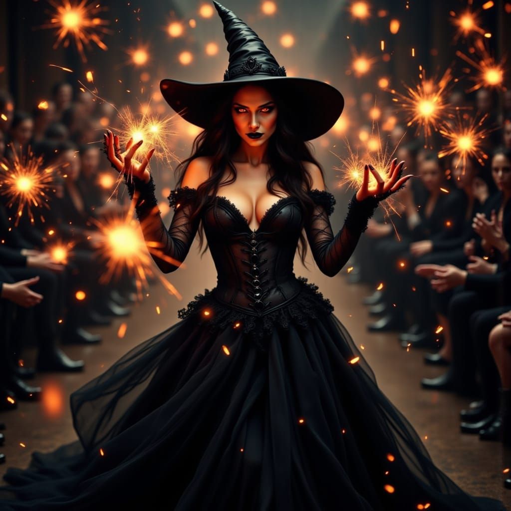 Seductive Dark Witch Stuns on Runway in Hyperrealistic Style