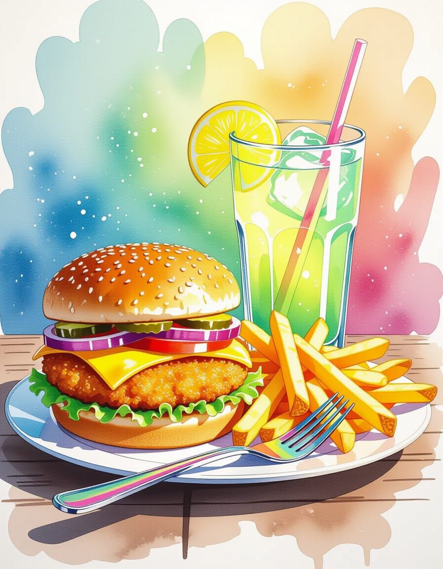 Crisp Fish Burger with Fries and Soda in Watercolor Style