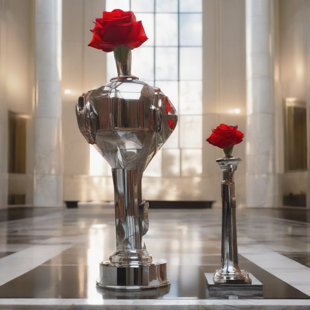 Art Deco Robot Presents Rose in Grand Hall