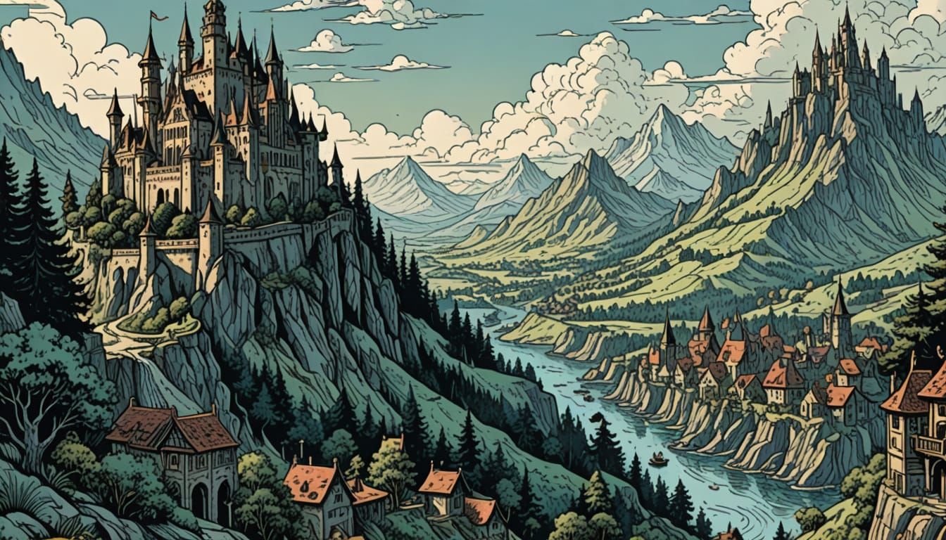 Ancient Comic Book-Style Map in Earthy Tones with Golden Acc...