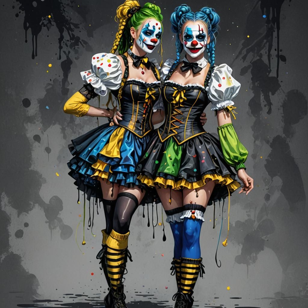 gorgeous female, long Dutch braids, green eyes, clown makeup, wearing TEARS OF A CLOWN CORSET TOP, frilly skirt, knee hi...