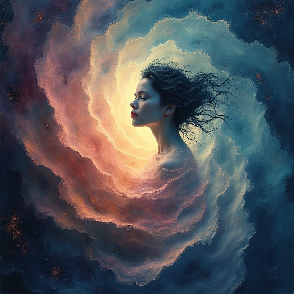 Dreamlike Woman in Fractal Holographic Landscape