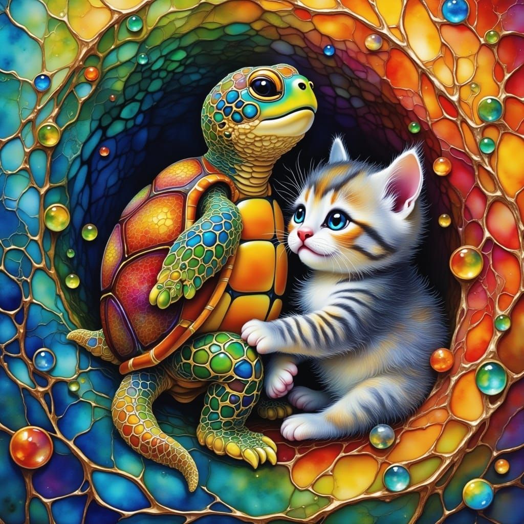 Whimsical Turtle Kitten Hug in Vibrant, Abstract Colors