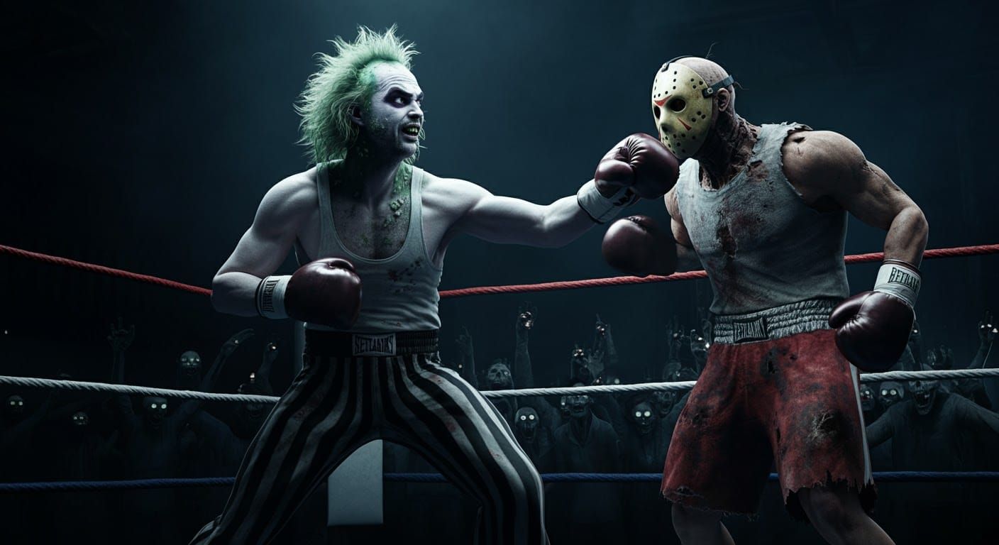 Beetlejuice in a slobber knocker with Jason Voorhees