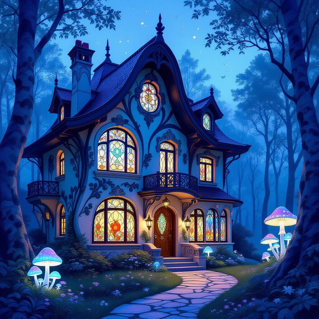 Art Nouveau House in Bioluminescent Forest at Twilight