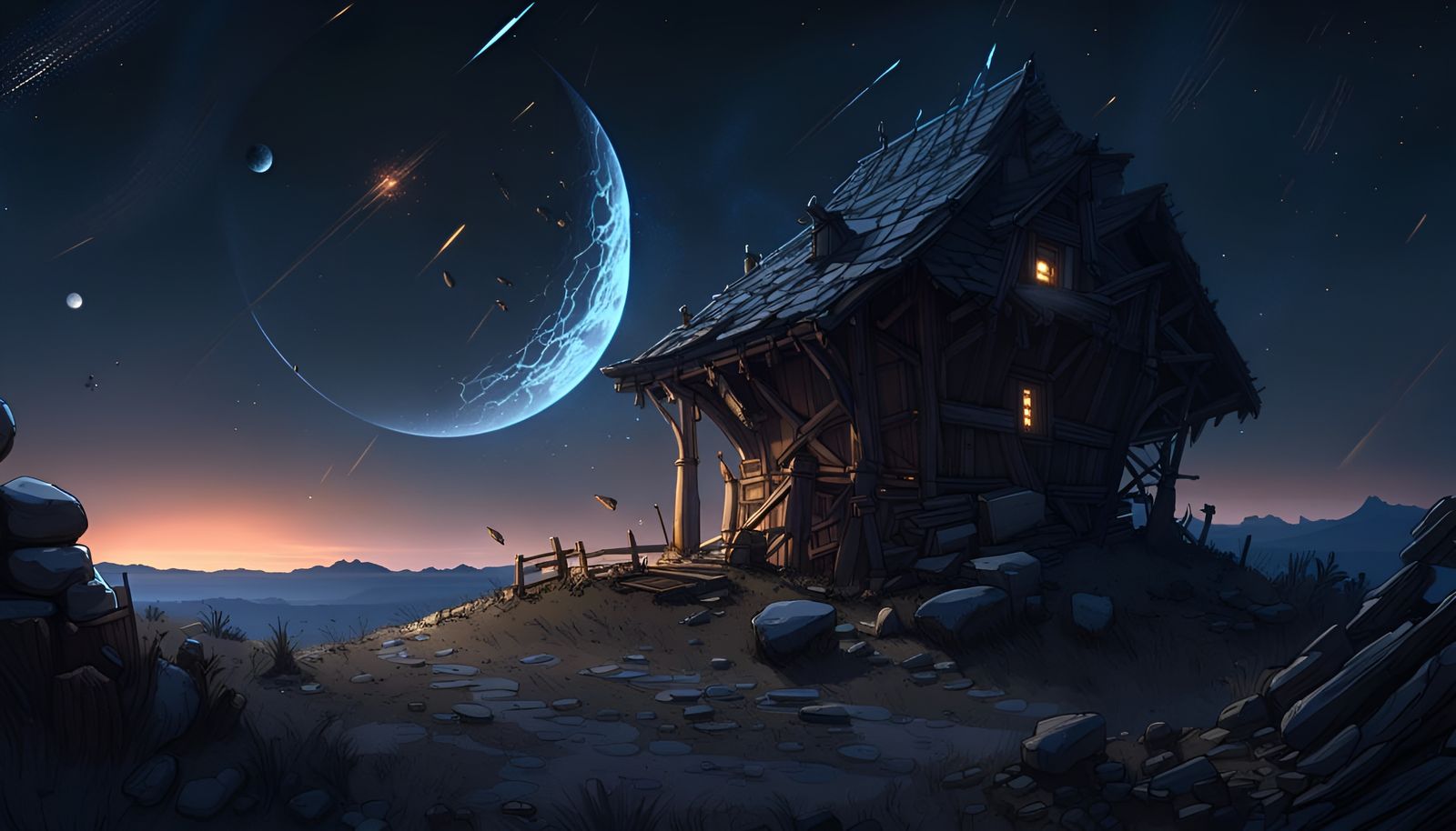 Spectacular Meteor Shower Over Village: Fantasy Art