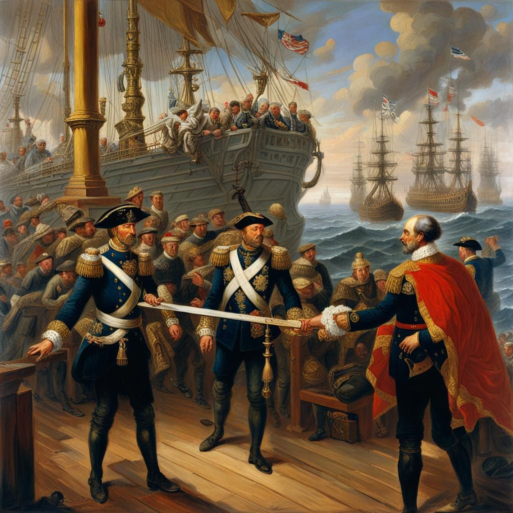 Spanish Armada Defeat: Ceremonial Surrender on Frigate Deck