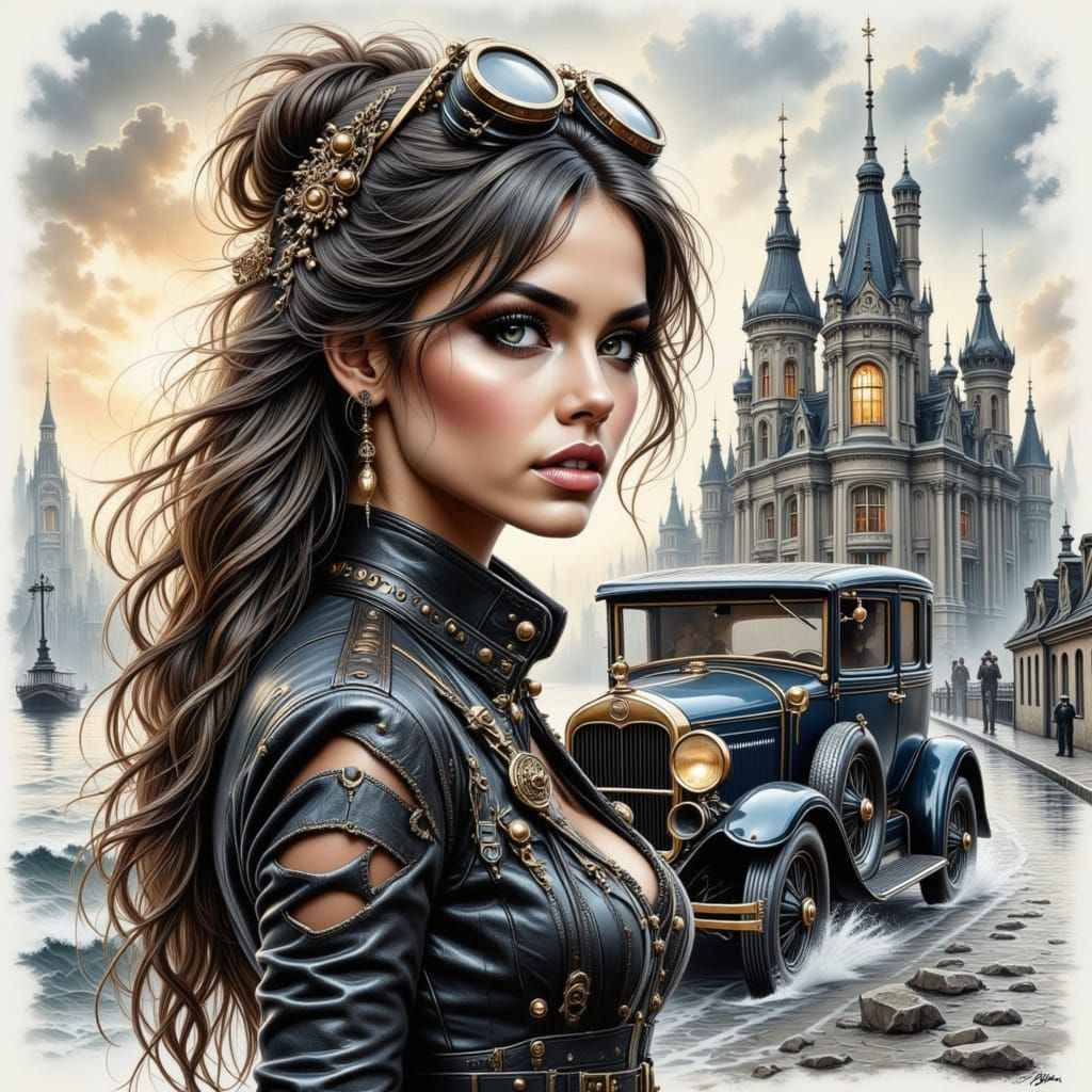 Steampunk Woman Collage with Sea Castle at Sunrise