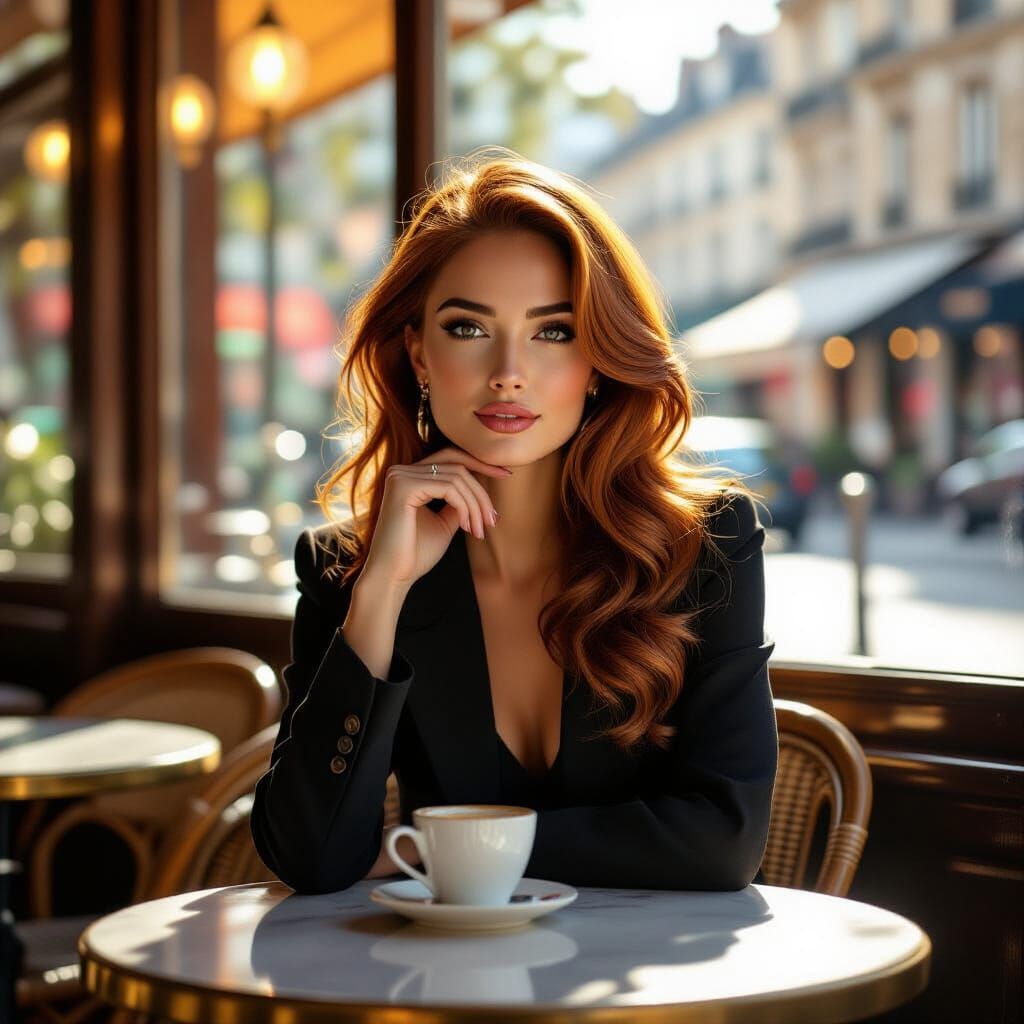 Sophisticated Woman in Parisian Cafe, Sunlight and Espresso