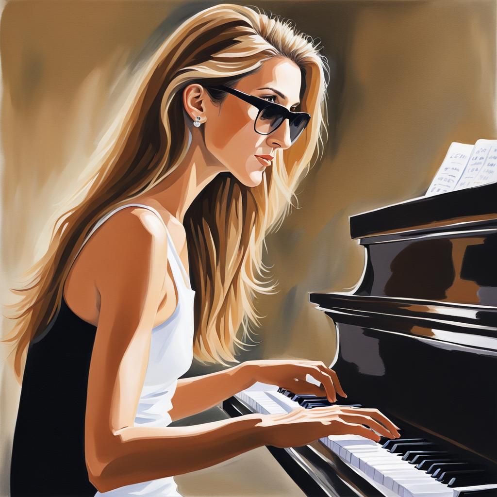 Young Celine Dion Playing Piano: Gouache Painting