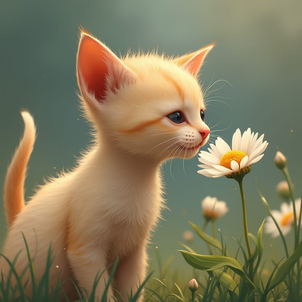 Realistic Kitten Sniffing Flower in Detailed View