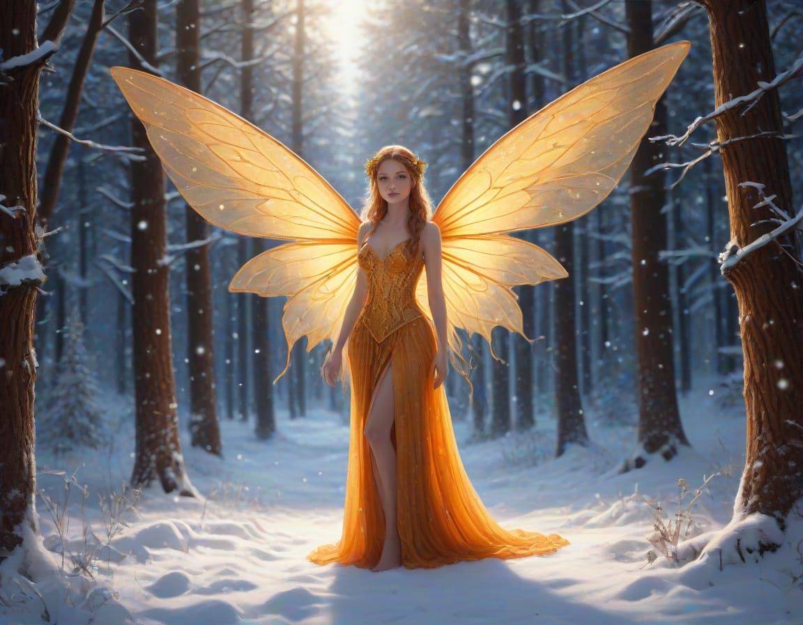 Enchanting Fairy in Magical Winter Glade at Christmas
