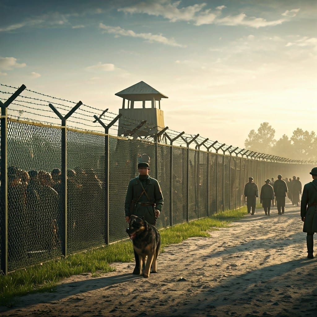 A military base in the 1940s is fenced with a wire and guard...