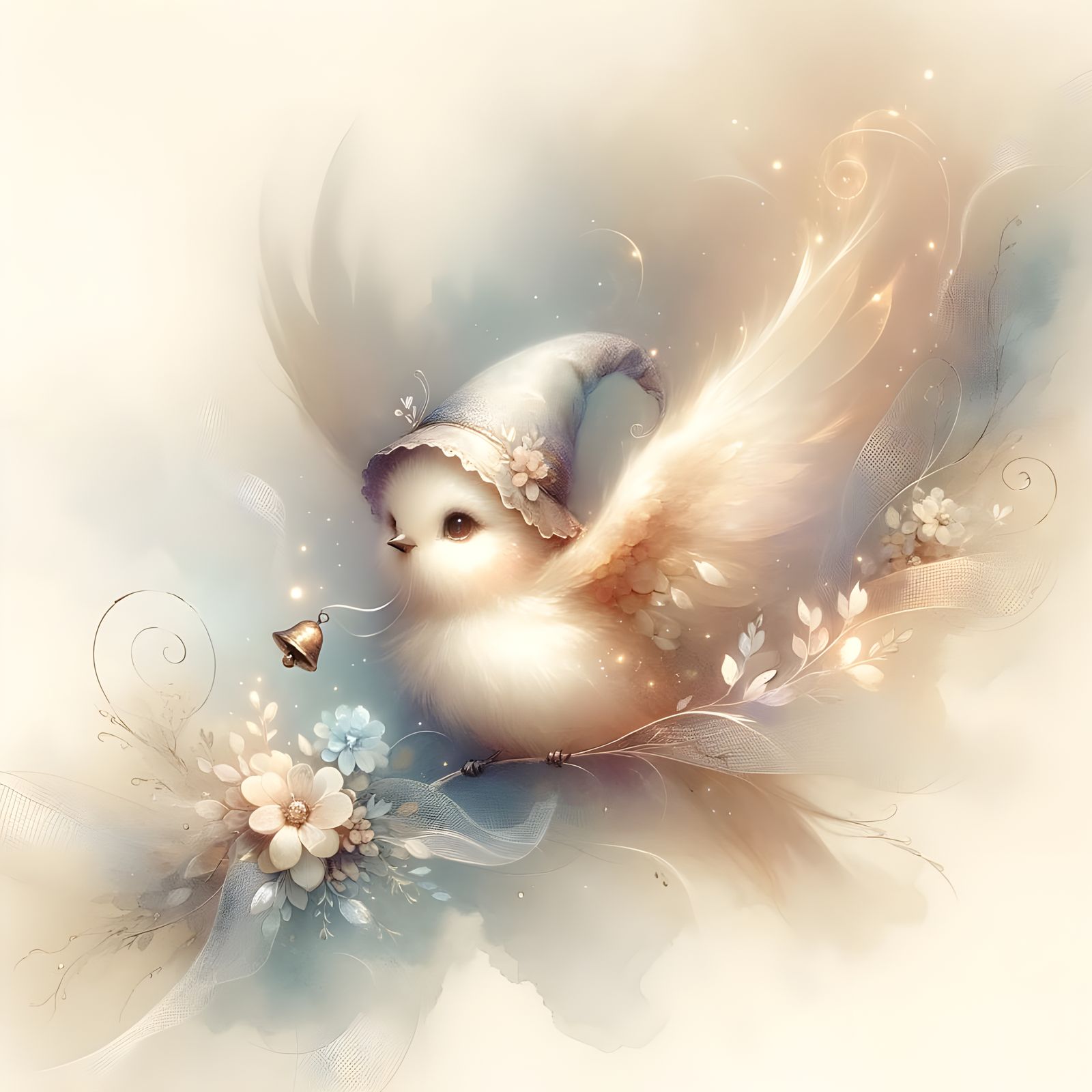 Whimsical Bird in Watercolor Fairytale Scene